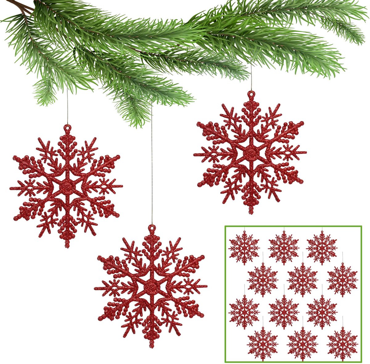 Rode sterren, sneeuwvlokken voor de kerstboom, kerstboomversiering 10 cm, 12 st.