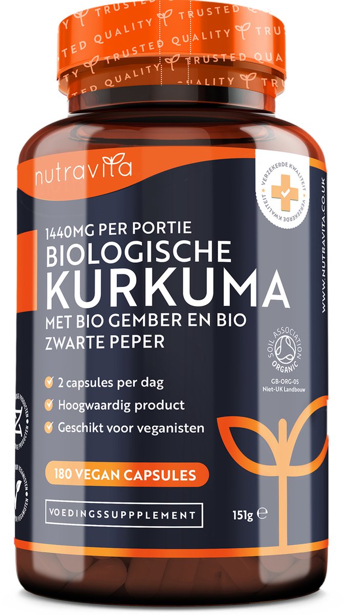 Nutravita Kurkuma capsules met zwarte peper en gember - Vegan curcuma capsules 1440mg (hoge sterkte), 180 Voedingssupplementen (3 maanden voorraad), Biologische Kurkuma met het actieve ingrediënt curcumine