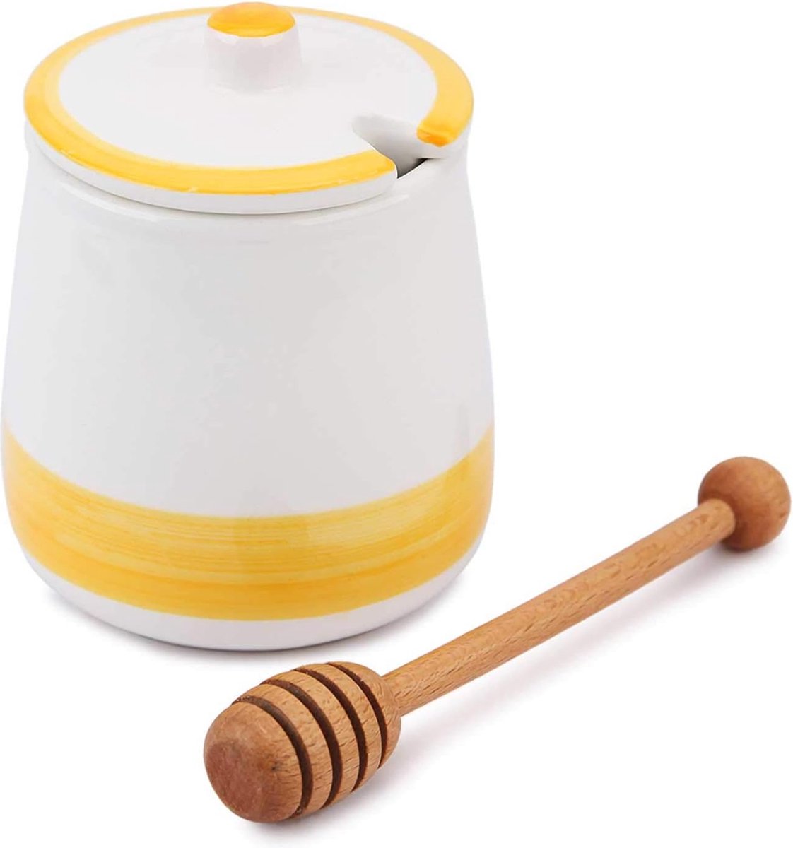 keramische honingpot 390 ml (13,3 oz) met houten lepel en deksel voor thuiskeuken, honing en siroop, porseleinen honingcontainer voor opslag (geel)