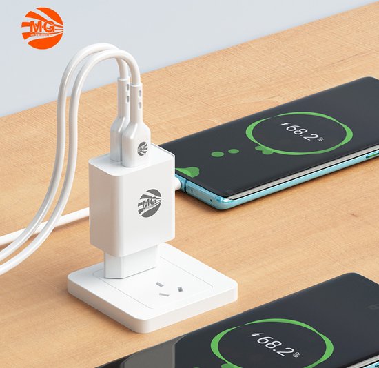 MG - Adaptateur USB avec câble - 2,4 A - Chargeur rapide avec câble - 2x Port USB avec câble de 1 m - USB vers Type-C - Wit