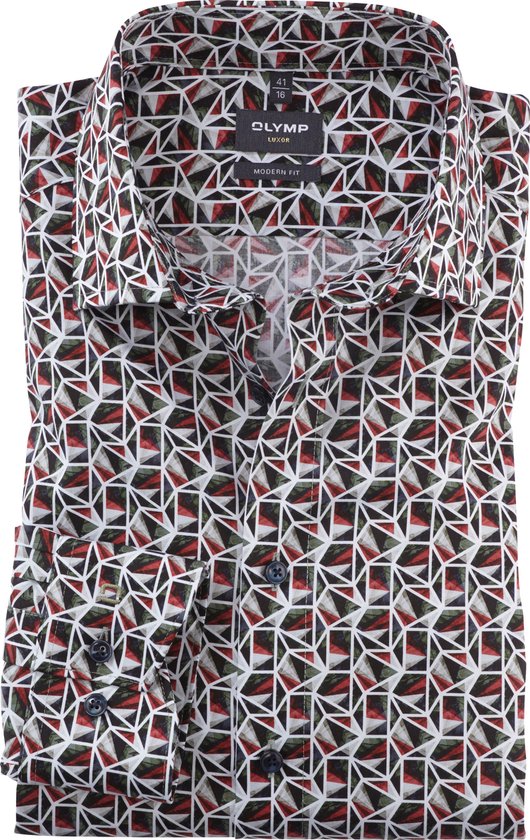 OLYMP Luxor modern fit overhemd - structuur - olijfgroen dessin - Strijkvrij - Boordmaat: 47