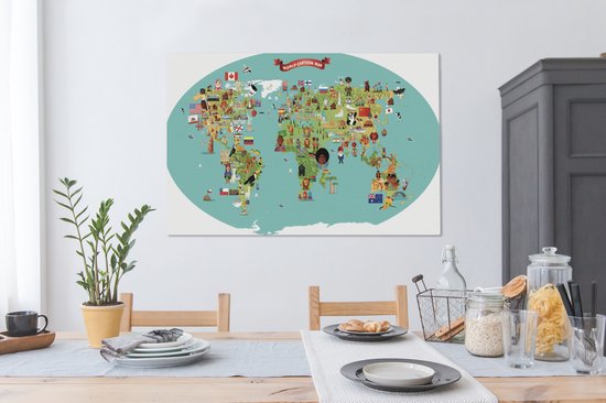 Une illustration de bande dessinée d'une carte du monde avec des chiffres sur toile 140x90 cm - Tirage photo sur toile (Décoration murale salon / chambre)