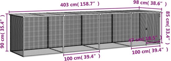 Kippenhok met ren 110x405x110 cm gegalvaniseerd staal antraciet