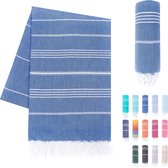 Premium Hammam Handdoek met handgeknoopte franjes - 100% katoen - Strandhanddoek, 95 x 180 cm - Oeko-Tex 100 - Grote strandhanddoek - Saunahanddoek en reishanddoek (Hemelsblauw)