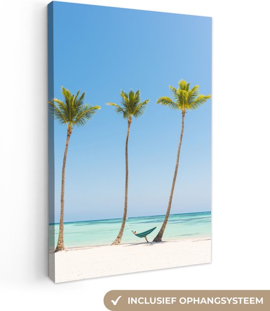 Canvas schilderij 120x180 cm - Wanddecoratie Caribisch strand 3 palmbomen - Muurdecoratie woonkamer - Slaapkamer decoratie - Kamer accessoires - Schilderijen
