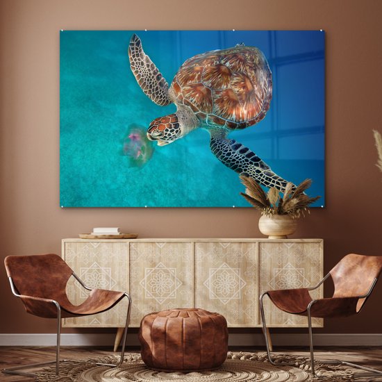 Peinture sur verre - Tortue verte avec méduse - 180x120 cm - Peintures Plexiglas