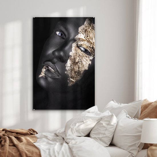MuchoWow® Peinture sur verre 80x120 cm - Peinture sur verre acrylique - Femme - Or - Zwart - Peinture - Luxe - Photo sur verre - Peintures