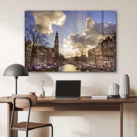 Peinture sur verre - Westerkerk à Amsterdam avec un ciel nuageux - 120x80 cm - Peintures sur Verre Peintures - Photo sur Glas