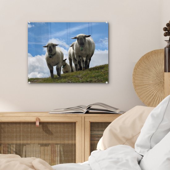 MuchoWow® Glasschilderij 40x30 cm - Schilderij acrylglas - Schapen - Berg - Alpen - Foto op glas - Schilderijen