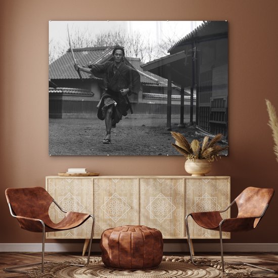 MuchoWow® Peinture sur verre 160x120 cm - Peinture sur verre acrylique - Photo Zwart et blanc d'un samouraï en cours d'exécution - Photo sur verre - Peintures