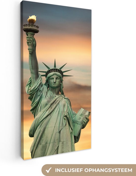Canvas Schilderij New York - Vrijheidsbeeld - Zonsondergang - 40x80 cm - Wanddecoratie
