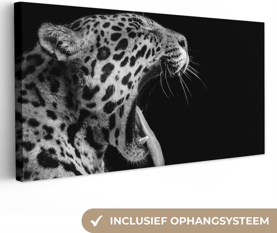 Canvas Schilderij Jaguar - Dier - Zwart - Wit - 40x20 cm - Wanddecoratie