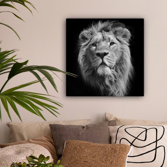 Toile Peinture Lion - Portrait - Zwart - Wit - 50x50 cm - Décoration murale