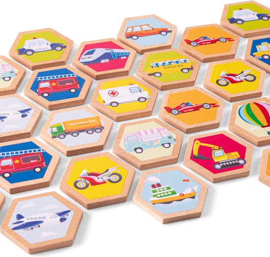 Woet® Houten Memory Spel met Voertuigen - Geheugenspel voor Kinderen - FSC - Inclusief Opbergzak - Educatief Speelgoed - Vanaf 2 Jaar