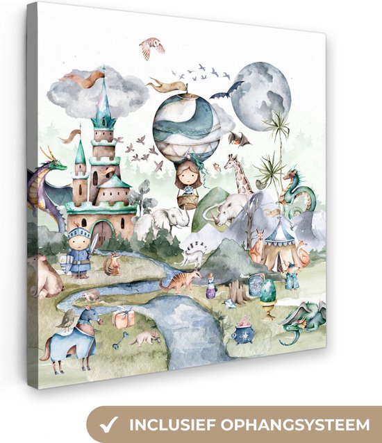 Canvasdoek kinderen - Kinderkamer decoratie - Kasteel - Ridder - Draak - Dieren - Luchtballon - Canvas schilderij - Wanddecoratie kinderkamers - 20x20 cm