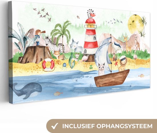 Canvas - Kinderkamer - Kind - Vuurtoren - Strand - Zee - Dieren - Boot - Canvas schilderij - Canvas doek - 80x40 cm