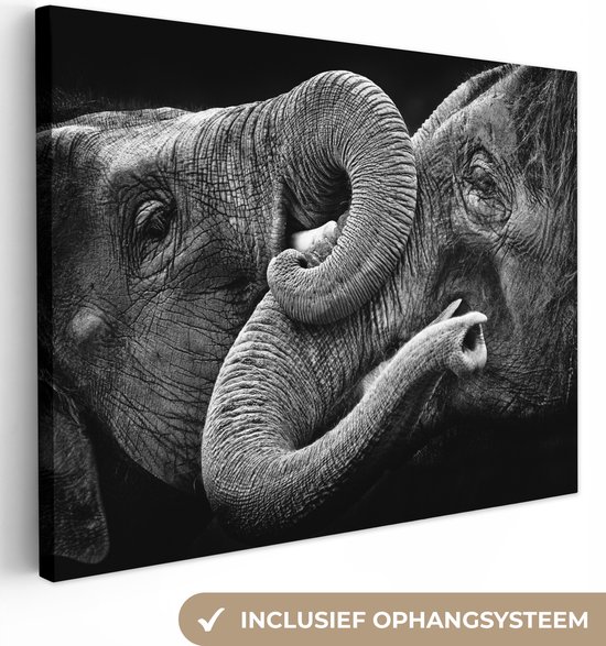 Canvas Schilderij Knuffelende olifanten in zwart-wit - 120x90 cm - Wanddecoratie