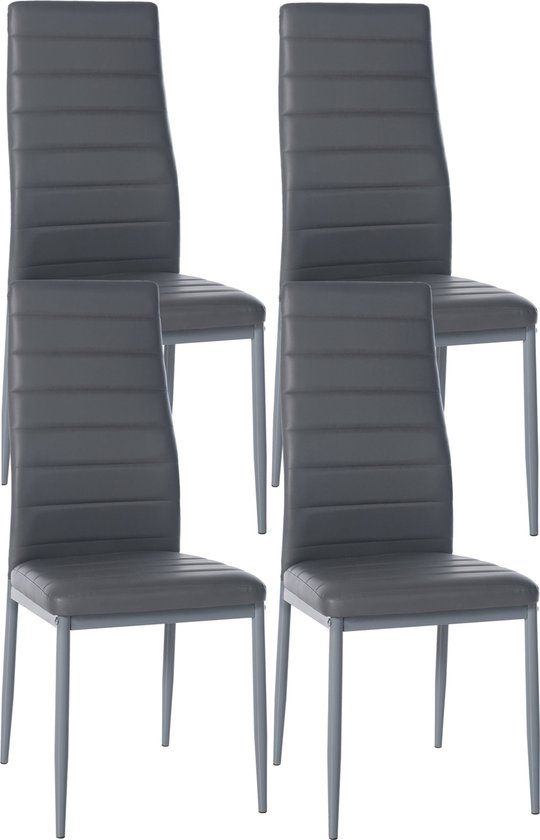 CLP Mayfair Set de 4 chaises de salle à manger - Sans accoudoirs - Fauteuil - Piétement métal - Simili cuir gris
