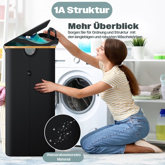 KESSER® Wasmand, wasverzamelaar, wassorteerder met 4 afneembare stoffen zakken, 4 vakken x 35 liter, wasbox met 12 wasvoorschriften, 360° rollen met rem, wassorteersysteem, waswagen, grijs