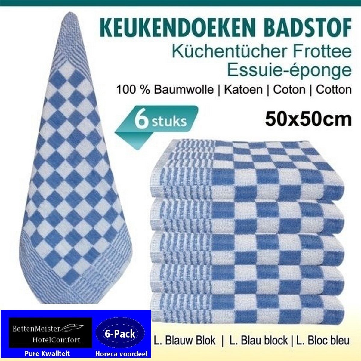 6 Pack Keukendoek - (6 stuks) hemels blauw / wit 100% katoenen badstof | 50x50cm