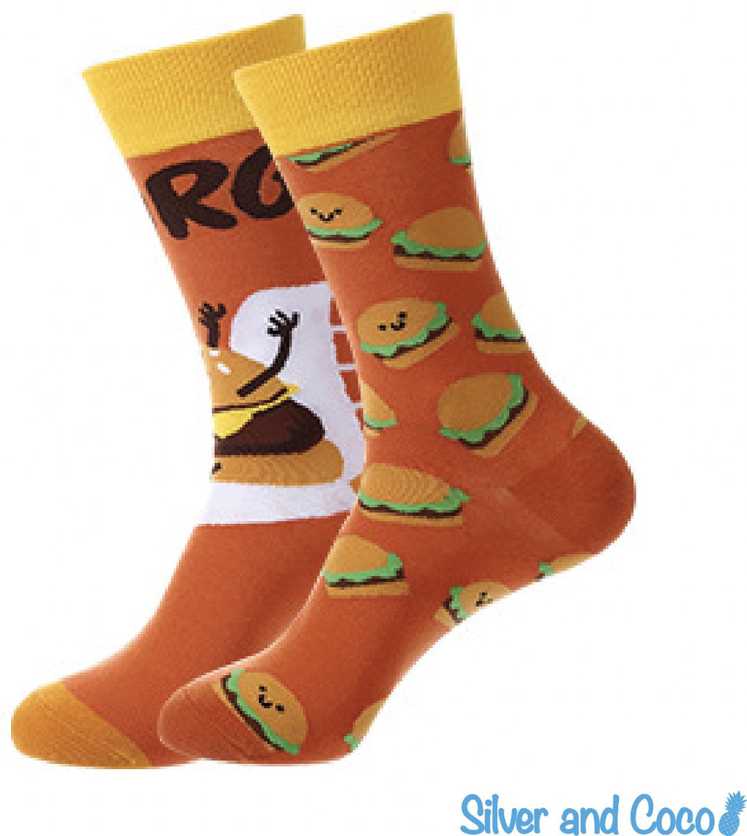 SilverAndCoco - Gekke Vrolijke Foute Sokken / Leuke Grappige Dikke Warme Huissokken Dames & Heren Kerstcadeau pakket / Thermosokken Katoen / Wintersokken Mannen en Vrouwen Socks Sinterklaas Schoen Kerst Cadeautje - Fast Food Hamburger
