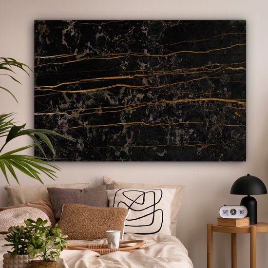 Canvas schilderij 150x100 cm - Wanddecoratie Marmer - Zwart - Goud - Ader - Muurdecoratie woonkamer - Slaapkamer decoratie - Kamer accessoires - Schilderijen op canvas