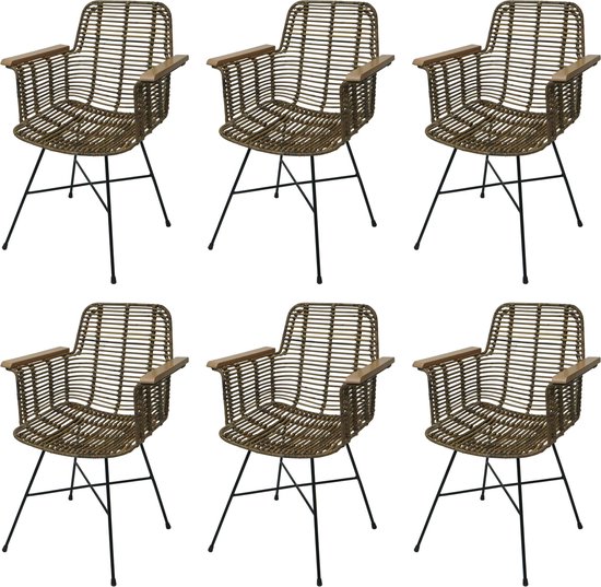Set van 6 eetkamerstoelen MCW-M29, keukenstoel rieten stoel rotan stoel met armleuningen, Kubu rotan hout metaal