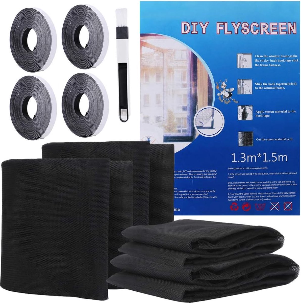 Vliegenraam Insectenstop Pakket van 4 Insectenbescherming met Klittenband Zelfklevend 1.3 m x 1.5 m Muggennetten voor Ramen Bescherm Familie tegen Insecten (Zwart)