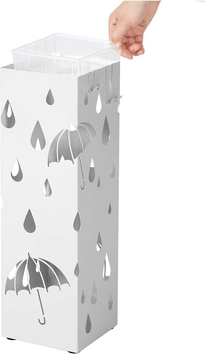 SONGMICS | Metalen Paraplubak met Regenmotief | Paraplustandaard | Paraplumand | Wandelstok Houder | Paraplu Bak | VIERKANT | Afm. 49 x 15.5 x 15.5 Cm. |  Kleur: WIT