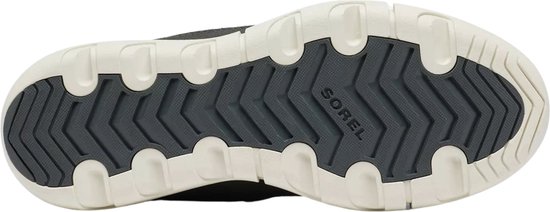 Zool van donkergrijze Sorel laarsjes met wit profiel en Sorel logo.