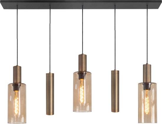 Zwarte eettafellamp Perugia | 5 lichts | brons / amber | glas / metaal | in hoogte verstelbaar tot 165 cm | 120 cm breed | 2 x GU10 / 3 x E27 | eetkamer / keuken | dimbaar | klassiek / modern / sfeervol design