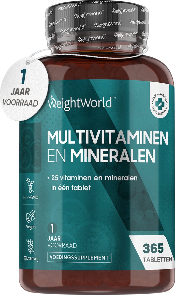 WeightWorld Multivitaminen en Mineralen - 25 belangrijke vitamines en mineralen - 365 vegan tabletten voor 1 jaar voorraad