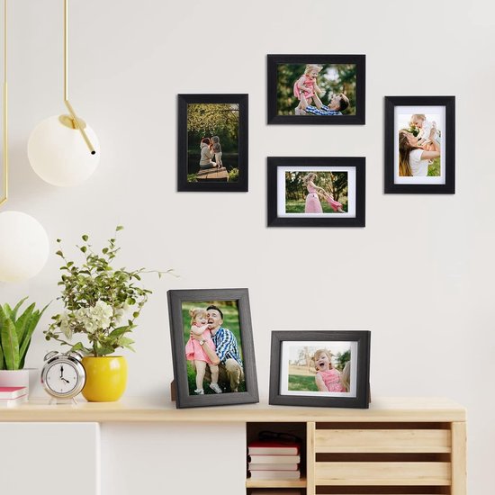 6x4 Fotolijst Met Mat Die 5 X 3,5 Of 6 X 4 Foto's Kan Houden, Set Van 9 Zwarte Houten Fotolijsten Voor Muur Of Tafelblad Rustieke Fotolijsten