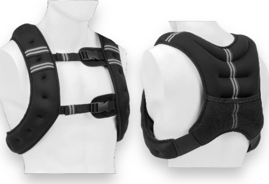 Zwart gewichtsvest van voren en achteren op een paspop, met reflecterende strepen.