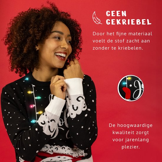 JAP Christmas Kersttrui met lichtjes (maat L) - 100% Gerecycled - Kriebelt niet - Kerstcadeau volwassenen - Foute Kersttrui dames en heren - Holly Jolly - Zwart