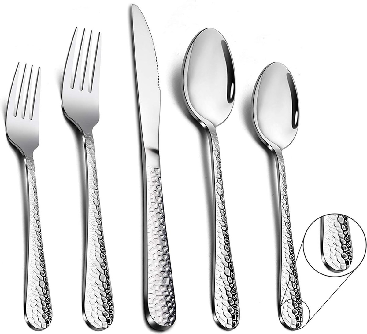 Bestekset, 30-delige bestekset van roestvrij staal voor 6 personen, bestekset met gehamerd handvat voor familie/kamperen/catering, zeer gepolijst en vaatwasmachinebestendig.