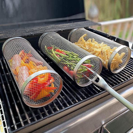 Foto: Rollende grillmand roestvrijstalen bbq grillrooster mandje anti aanbak vis groenten grillrooster bbq accessoires voor buiten picknick kampvuur kamperen 1 stuk 20 cm 