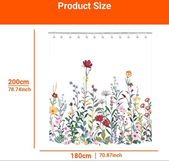 Rideau de douche 180 x 200 cm Fleurs Plantes Zoom lesté Anti-moisissure Textile Hydrofuge Lavable Tissu Polyester Rideaux de bain pour salle de bain, baignoire avec 12 Anneaux de rideau de douche.