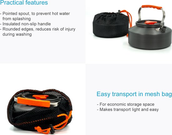 Intirilife Camping Kettle Outdoor waterkoker van aluminium in Oranje met een inhoud van 1.1 L - Voor het koken van water thee koffie of soep tijdens het kamperen of reizen — afbeelding 3