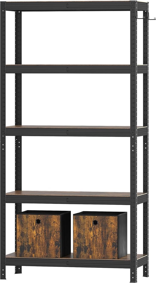 Verstelbaar opbergrek met 5 niveaus met 2 haken en 2 opbergkubussen 90 x 40 x 180 cm draagkracht 875 kg voor keuken woonkamer vintage bruin zwart SH08501B
