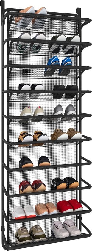 Étagère à chaussures au-dessus de la porte avec 10 niveaux, armoire à chaussures suspendue, étagère à chaussures, organisateur de chaussures en métal pour garde-manger ( Zwart mat, 55 x 19,5 x 159 cm)