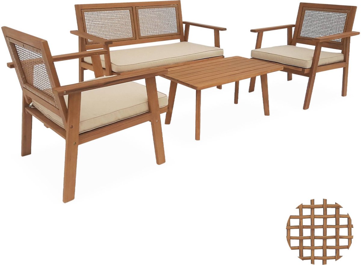 sweeek - Houten en rieten tuinmeubelen bank 2 zitplaatsen, 2 fauteuils, 1 salontafel - bohemen 117x64x74 cm