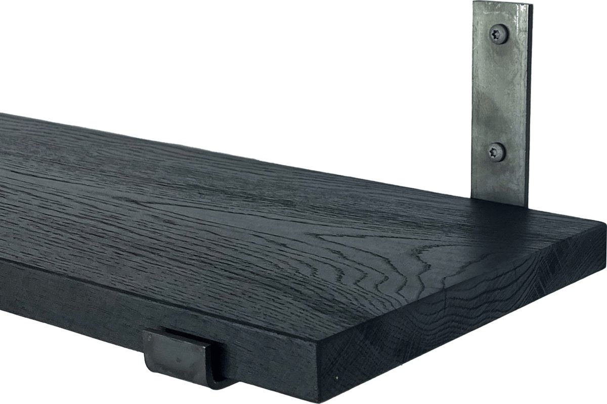 GoudmetHout Wandplank Industrieel - 200 x 25 cm Muurplank - Zwart Eiken Hout - Decoratie Wandrek & Boekenrek - Hangplank Keuken - Wall Shelf + 2 Mat Zwarte Plankdragers van Staal
