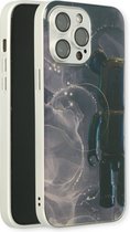 Casemania Hoesje Geschikt voor Apple iPhone 14 Pro Max Zwart - Siliconen Marmer Back Cover - Geschikt voor MagSafe