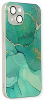 Casemania Hoesje Geschikt voor Apple iPhone 14 Blauw - Siliconen Marmer Back Cover - Geschikt voor MagSafe