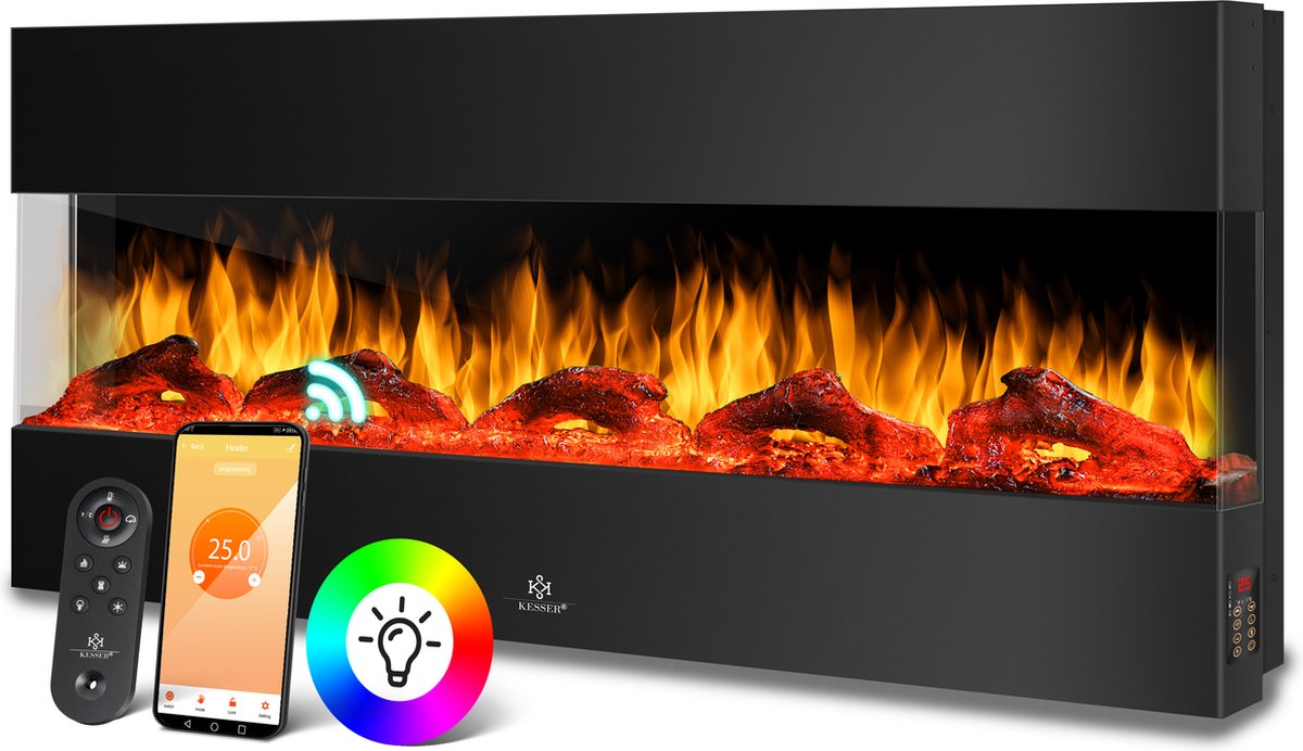 KESSER® Elektrische Sfeerhaard met LED 3D Vlam Effect - Elektrische Haard 900/1800W Electrische Kachel Verwarming met 9 Kleurmodi Wandmontage - Wandhaard met App-bediening & Afstandsbediening - Zwart / 138 cm