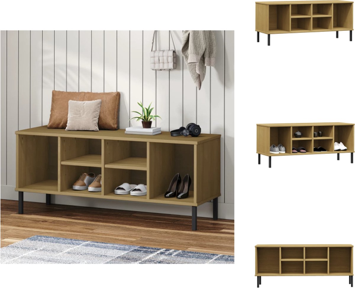 VidaXL OSLO Schoenenrek Massief grenenhout 106 x 35 x 45 cm 6 vakken Stevig blad Metalen poten Schoenenkast