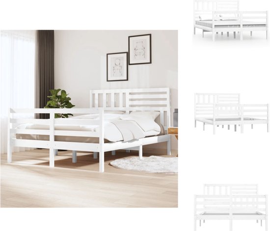 vidaXL Bedframe Grenenhout - Wit - 205.5 x 166 x 100 cm - Geschikt voor 160 x 200 cm matras - Bed
