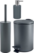 Spirella Ensemble d'accessoires de salle de bain - Brosse WC/poubelle à pédale/distributeur de savon - métal/céramique - gris foncé - Aspect Luxe
