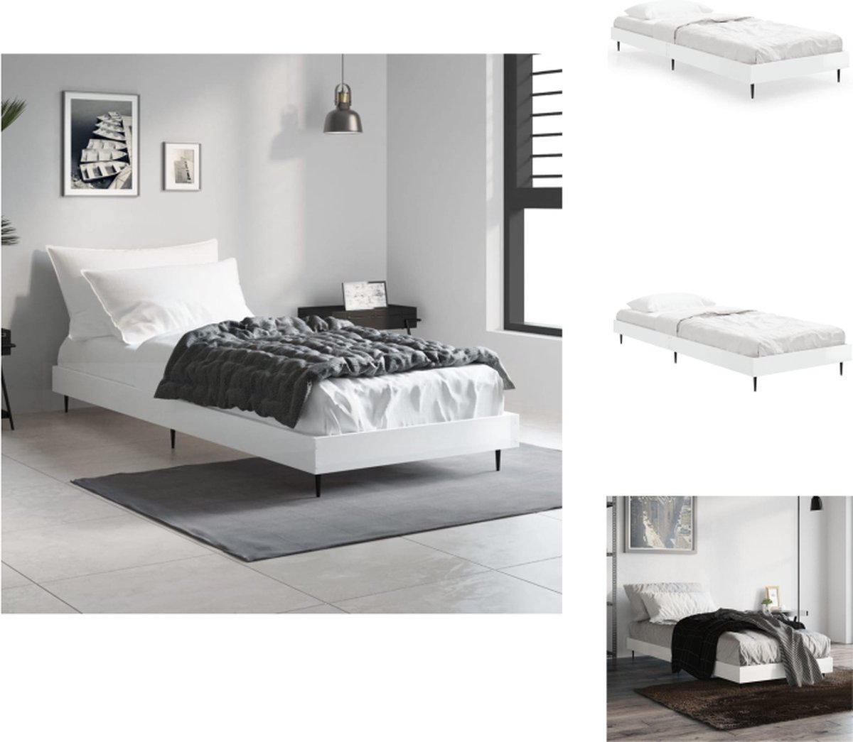VidaXL Bed Frame Hoogglans wit 193 x 78 x 20 cm Duurzaam hout Metalen poten Multiplex lattenbodem Bed
